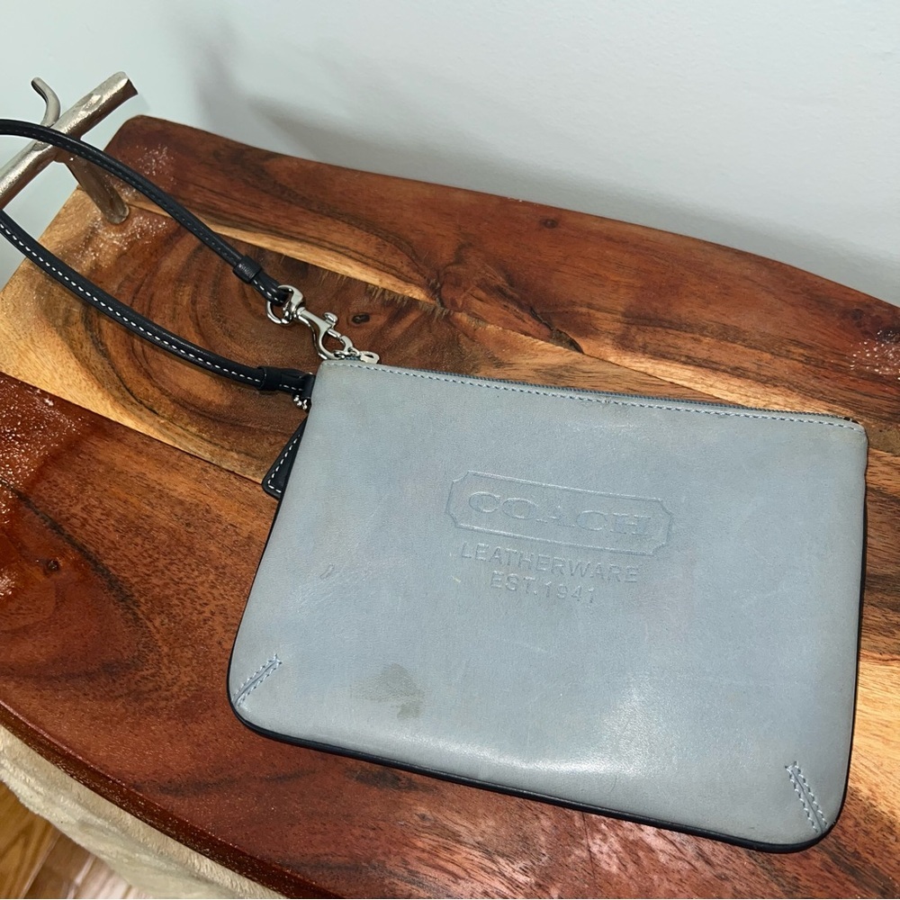 Coach Dusty Blue Gray Leather Zip Top Wristlet Clutch Est 1941 - Picture 7 of 7